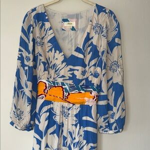 Anthropologie Maeve Floral Blue and White Maxi Dress with Orange Accents